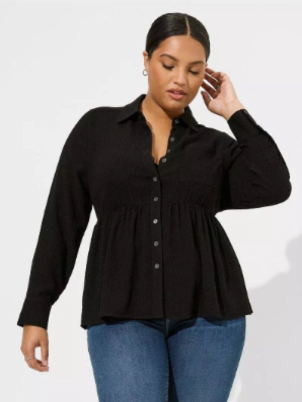 Torrid Black Peplum Gauze Textured Crinkle Blouse 2X Button Up Long Sleeves